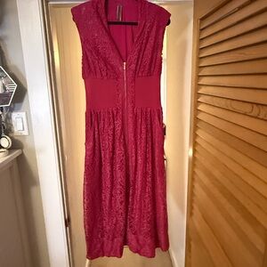 Anthropologie Rich Magenta with Silver Shimmer Lace Midi Dress